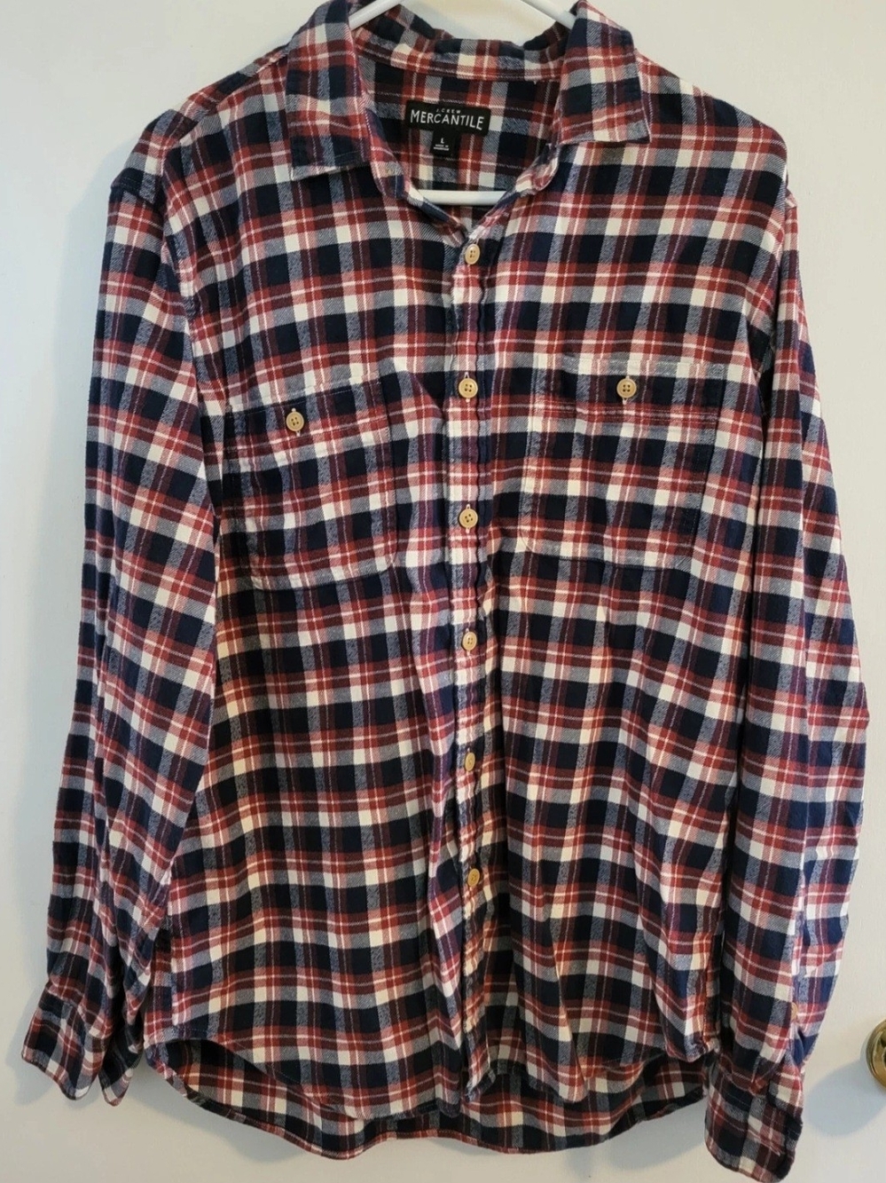 J.Crew Mercantile Men's 100% Cotton Flannel Work Shirt Red Navy Plaid Large